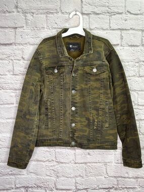 Waimea Boys Camo Denim Jacket Size XL (14/16) Button Pockets Distressed Green